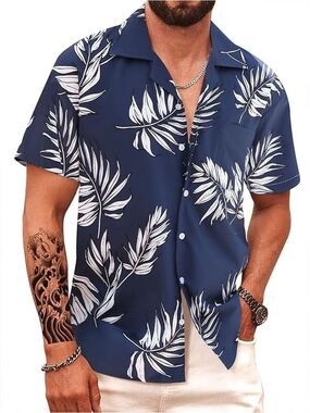 Men's Navy Blue Hawaiian Button-Down Shirt, Sz. Large